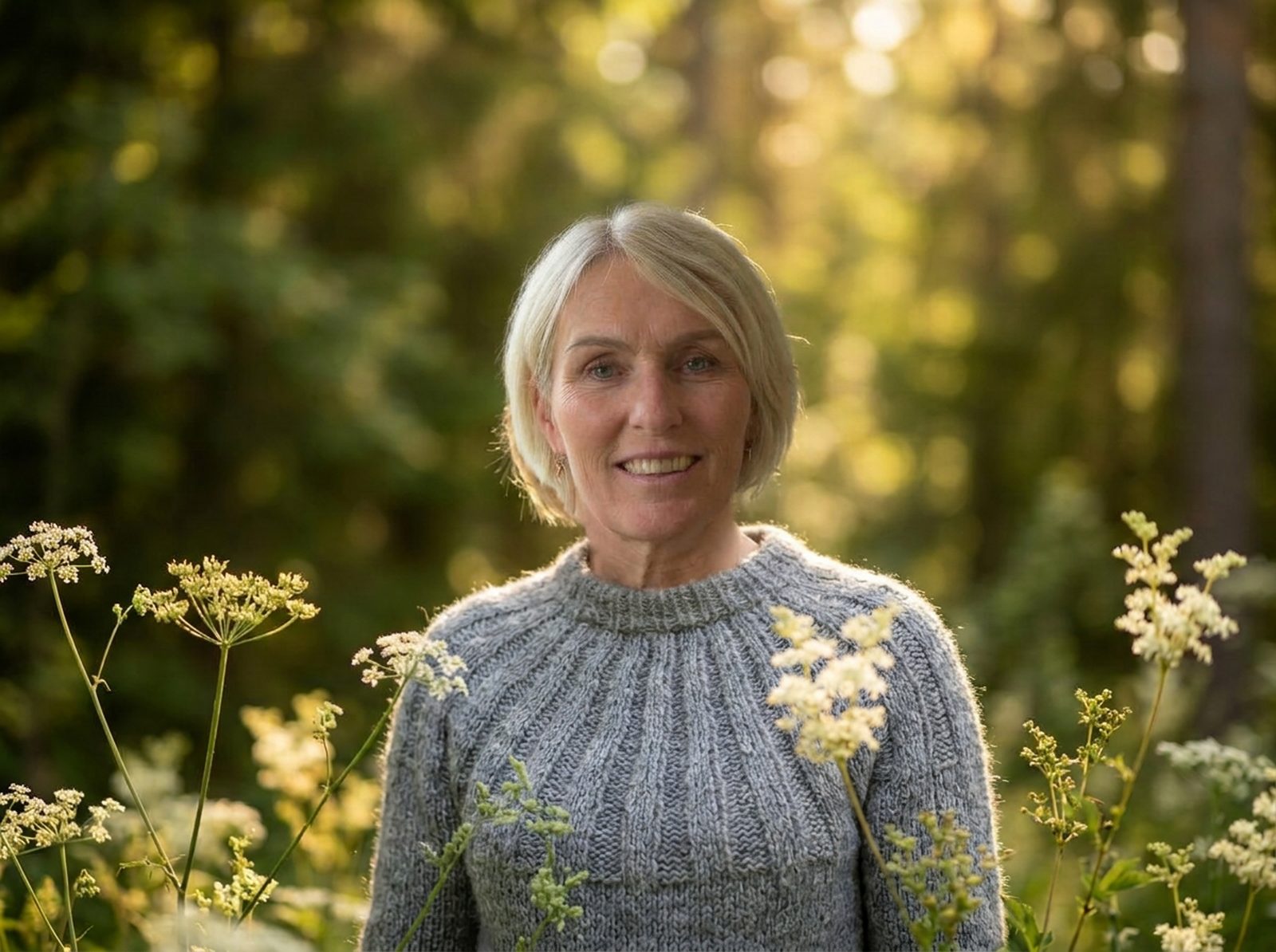 Catharina Andersson plockar vilda örter i en sommaräng