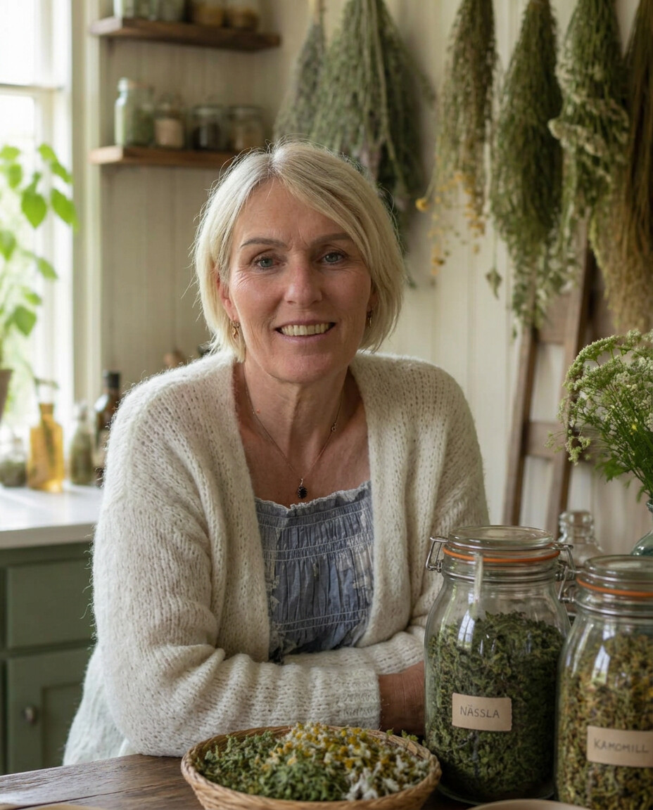 Catharina Andersson vid köksbordet med torkade örter i glasburkar